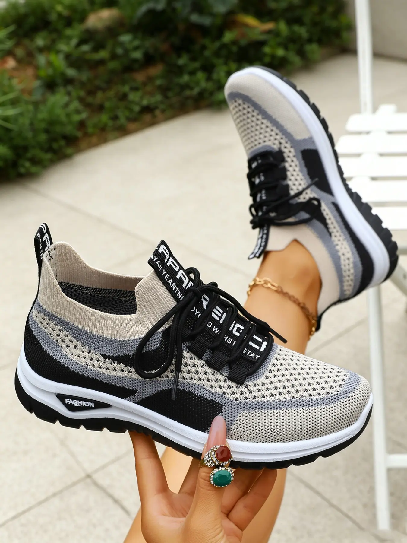 Women's Lace‑Up Knit Sock Sneakers, Color‑Block Patchwork Letter Tongue Decor Thick Rounded Outsole, Fashion Casual Walking Shoes For City Commuting Short Trips And Daily Outdoor Outings