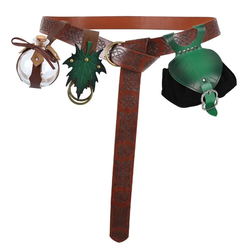 4-Piece Vintage Embossed Brown PU Wide Belt Set with Maple Leather Charm, Leaf Coin Pouch & Potion Bottle Pendant | Full Prop Kit for Halloween, Medieval LARP, Forest Elf & Witch Roleplay