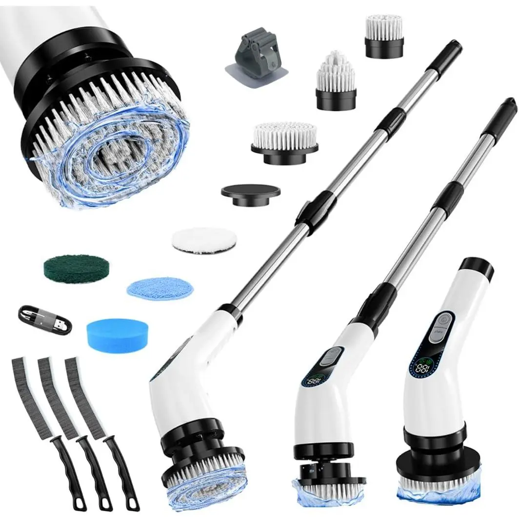 Electric Spin  Cordless –  Bathroom Cleaning Brush with Long Handle, 2 Speeds, 3000mAh Rechargeable, 7 Brush Heads, Wall Hanger & Crevice Tools – Shower, Tub & Tile Cleaner