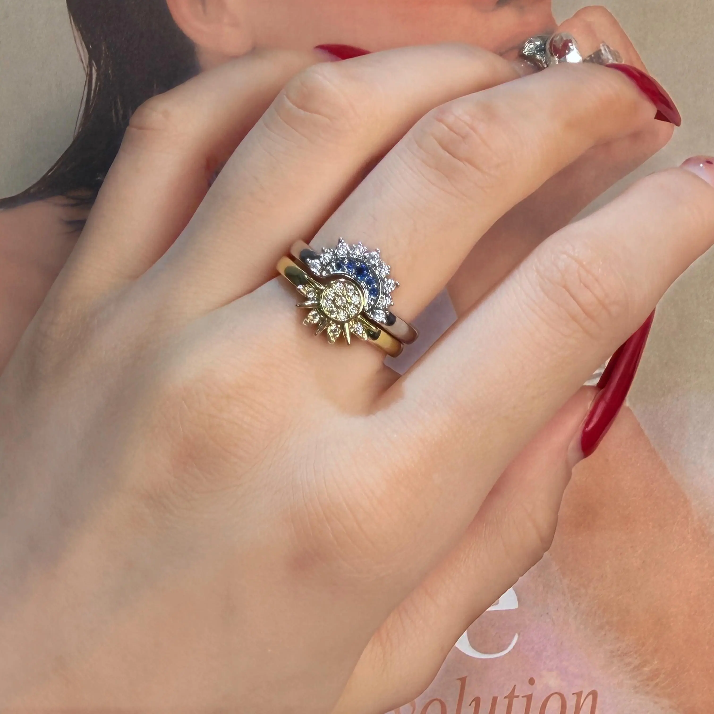Sun & Moon Harmony Magnetic Split 2-Tone Adjustable Open Matching Ring, Stackable Dainty Jewelry Gift For Couples, Matches Same-Style Necklace & Bracelet,Promise,chrome heart,marquise,anxiety,boho, Daily Wear, Casual, Copper Base, Crystal Accents