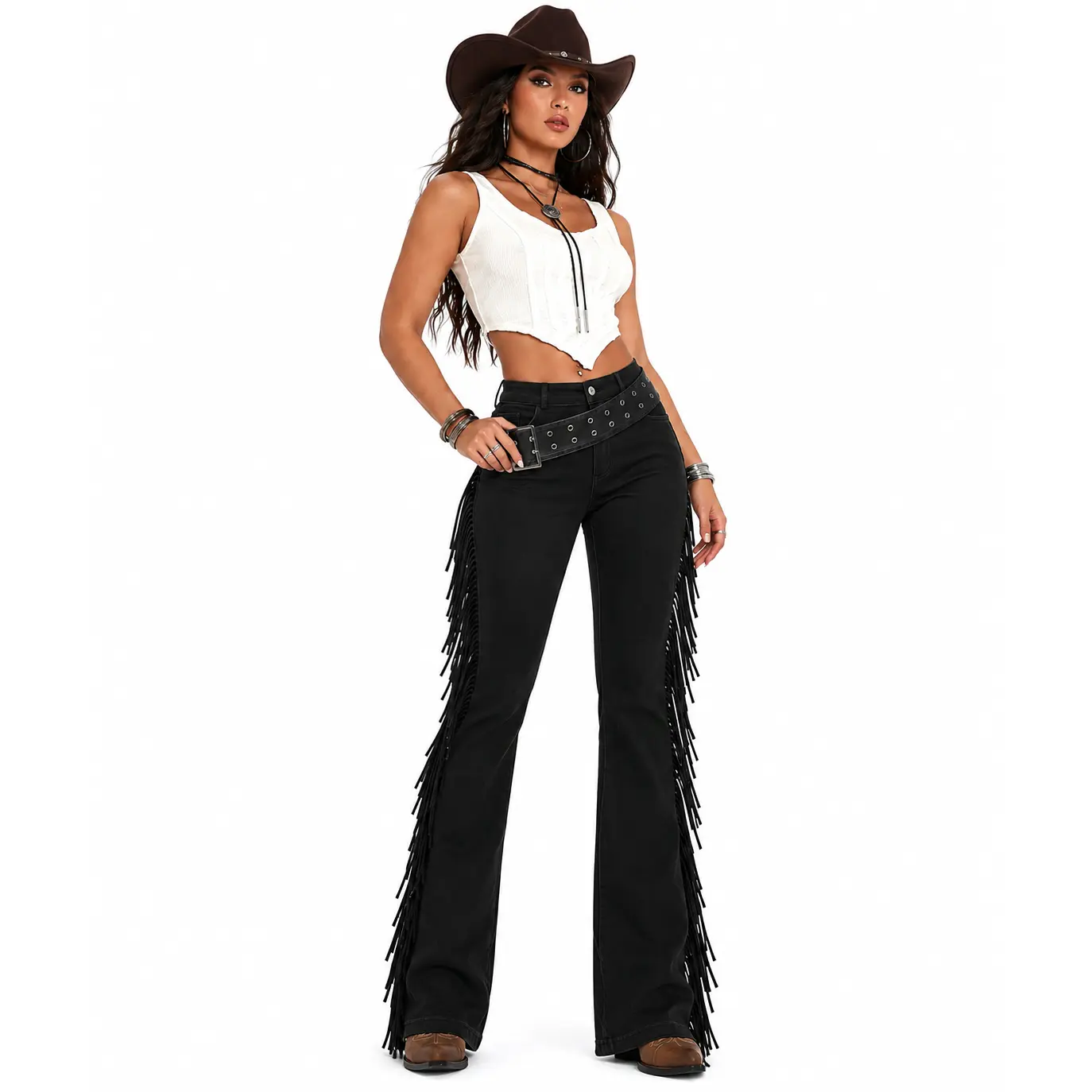 【Runs small】Women's Western Low Waist Bell-Bottom Pants With Fringe,Bootcut Pants,Comfortable Stretch Pants,Patchwork Fringe Washed Vintage Long Pants, Casual Trousers for Everyday Wear Cowgirl