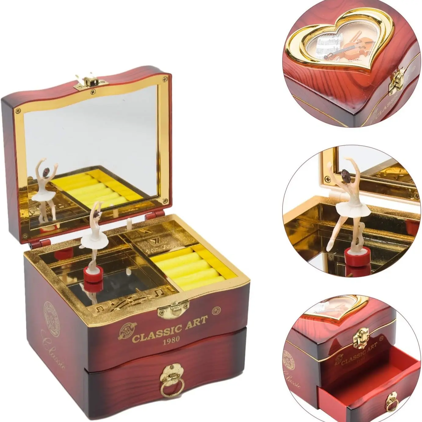 Wind-Up Musical Jewelry Box with Mirror & Rotating Dancing Ballerina, Classic Nostalgic Jewellery Storage Case for Necklace Ring, Creative Bedroom Decor Ornament, Ideal Birthday Gift for Girls
