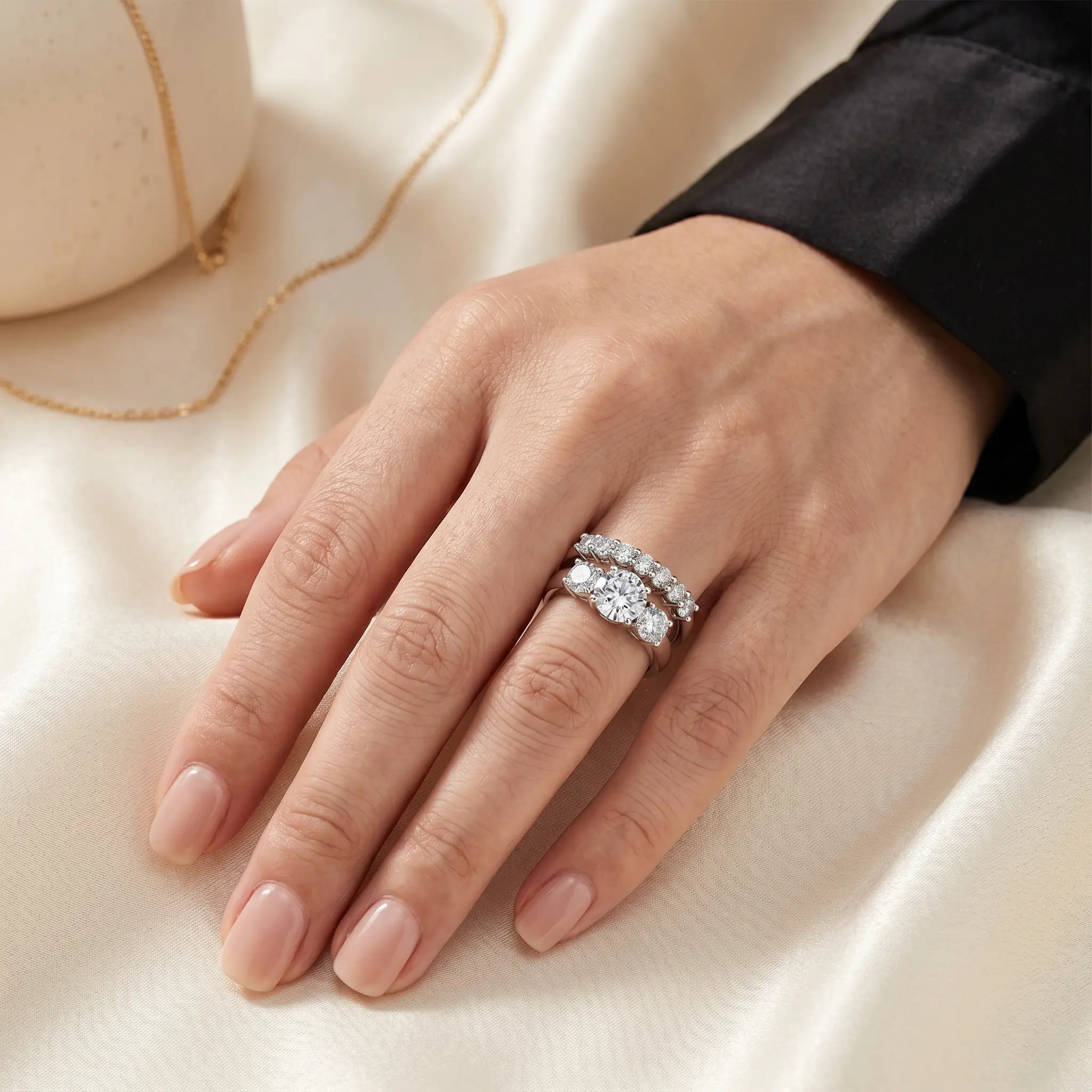 CENLEAR 2CT Moissanite 3-Stone Stackable Ring Set, 18K Gold-Plated Lab Diamond Bridal Engagement & Wedding Bands, Gift for Wife for Anniversary