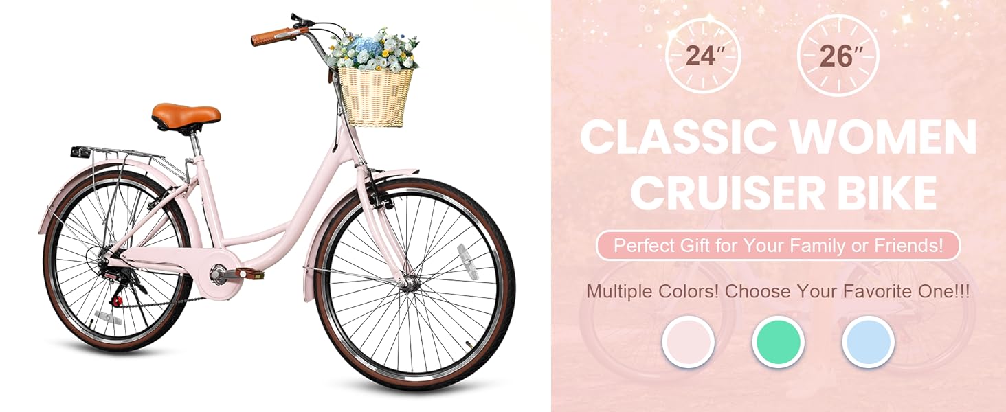 Beach Cruiser Bike for Women, 24 inch 7 Speed Commute Bike for Adults, Women Bicycle with Ratten Basket and Adjustable Seat, Lightweight Step Through Bike for Adults Women Ladies, Light Blue Beach Cruiser Bike for Women, 24 inch 7 Speed Commute Bike for Adults, Women Bicycle with Ratten Basket and Adjustable Seat, Lightweight Step Through Bike for Adults Women Ladies, Light Blue