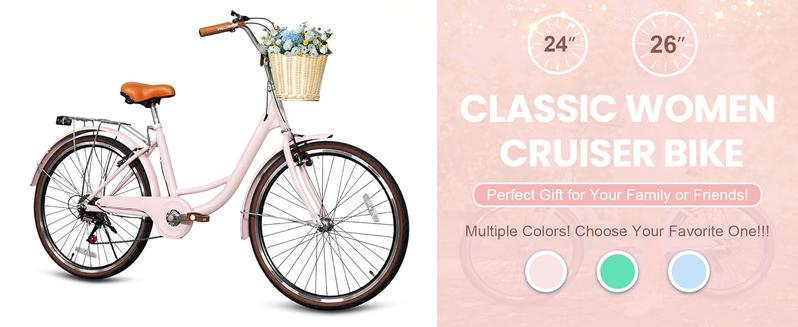 Beach Cruiser Bike for Women, 24 inch 7 Speed Commute Bike for Adults, Women Bicycle with Ratten Basket and Adjustable Seat, Lightweight Step Through Bike for Adults Women Ladies, Light Blue