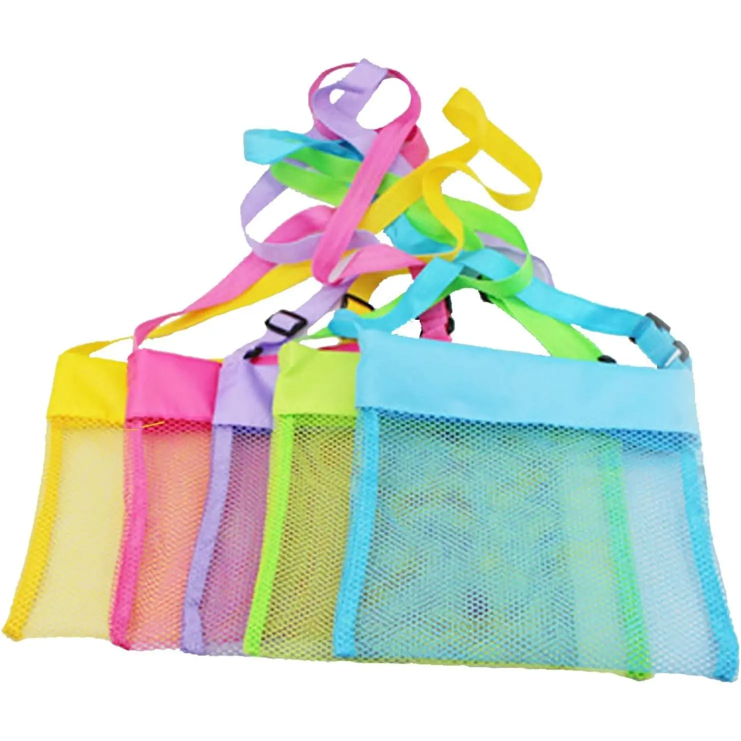 5-Pack Colorful Mesh Beach Bags for Kids - Shell Collecting Toy Bags with Adjustable Carrying Straps(Gift)