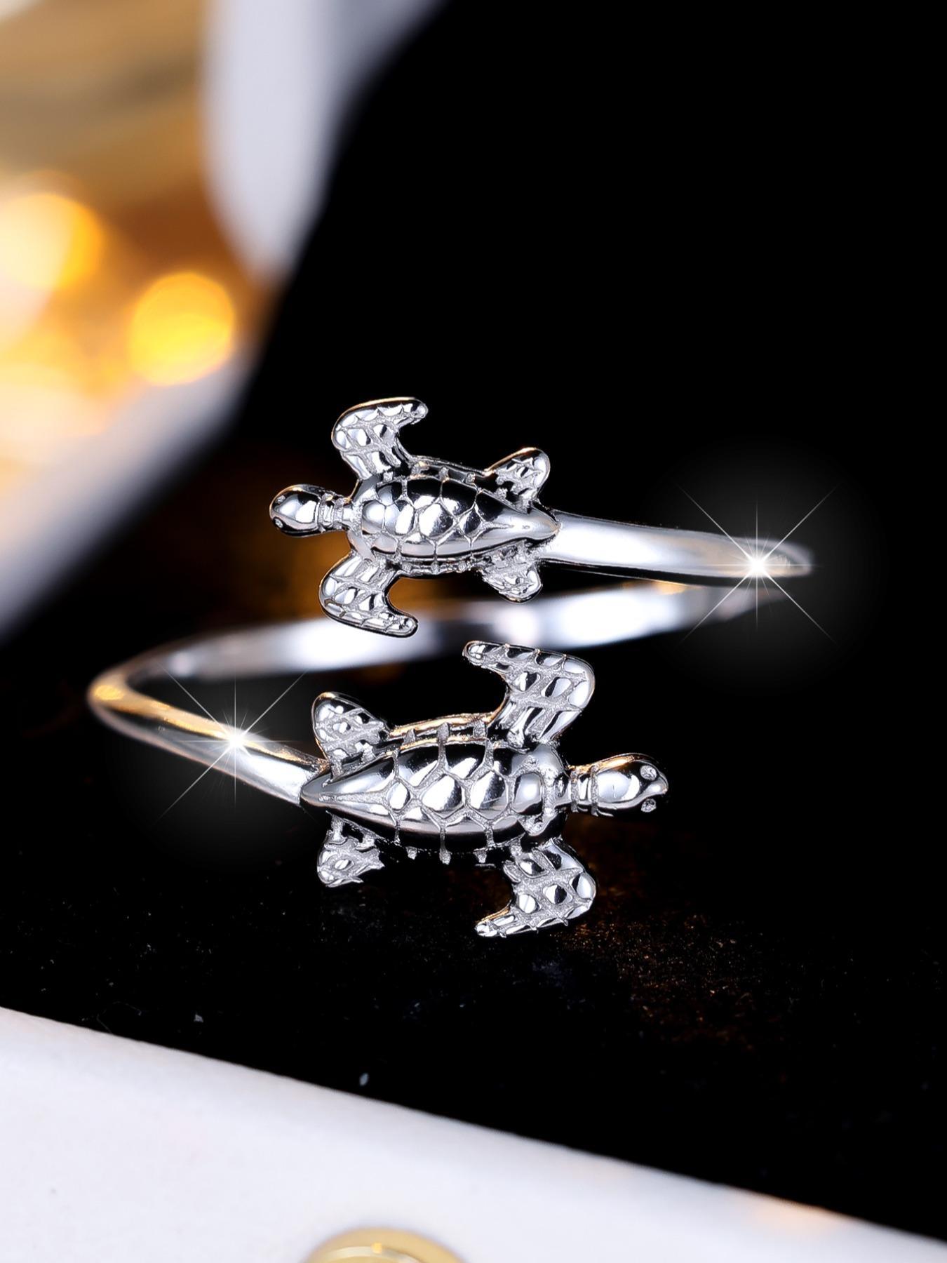 925 Sterling Silver Cute Turtle Design Cuff Ring, Adjustable Ring for Women, Trendy All-match & Exquisite Jewelry for Birthday Gift