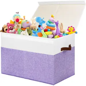 Large Toy Storage Box with Lid, Sturdy Chest Bin Boxes Organizer Basket with Dividers for Toddlers, Kids, Boys, Girls, Nursery, Living Room, Bedroom, Playroom 25"x13"x16" (Purple and White)
