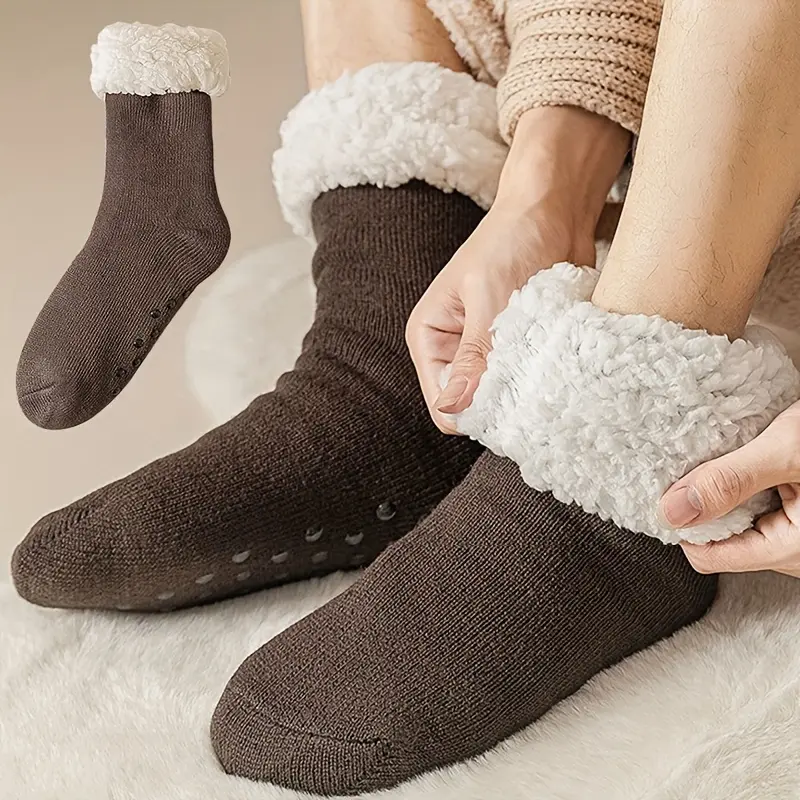 1 Pair/2 Pairs Men'S Socks Mid-Calf Winter Fleece Thick Warm Floor Socks Fleece Ultra-Thick Cold-Resistant Home Sleep Socks Soft Comfortable