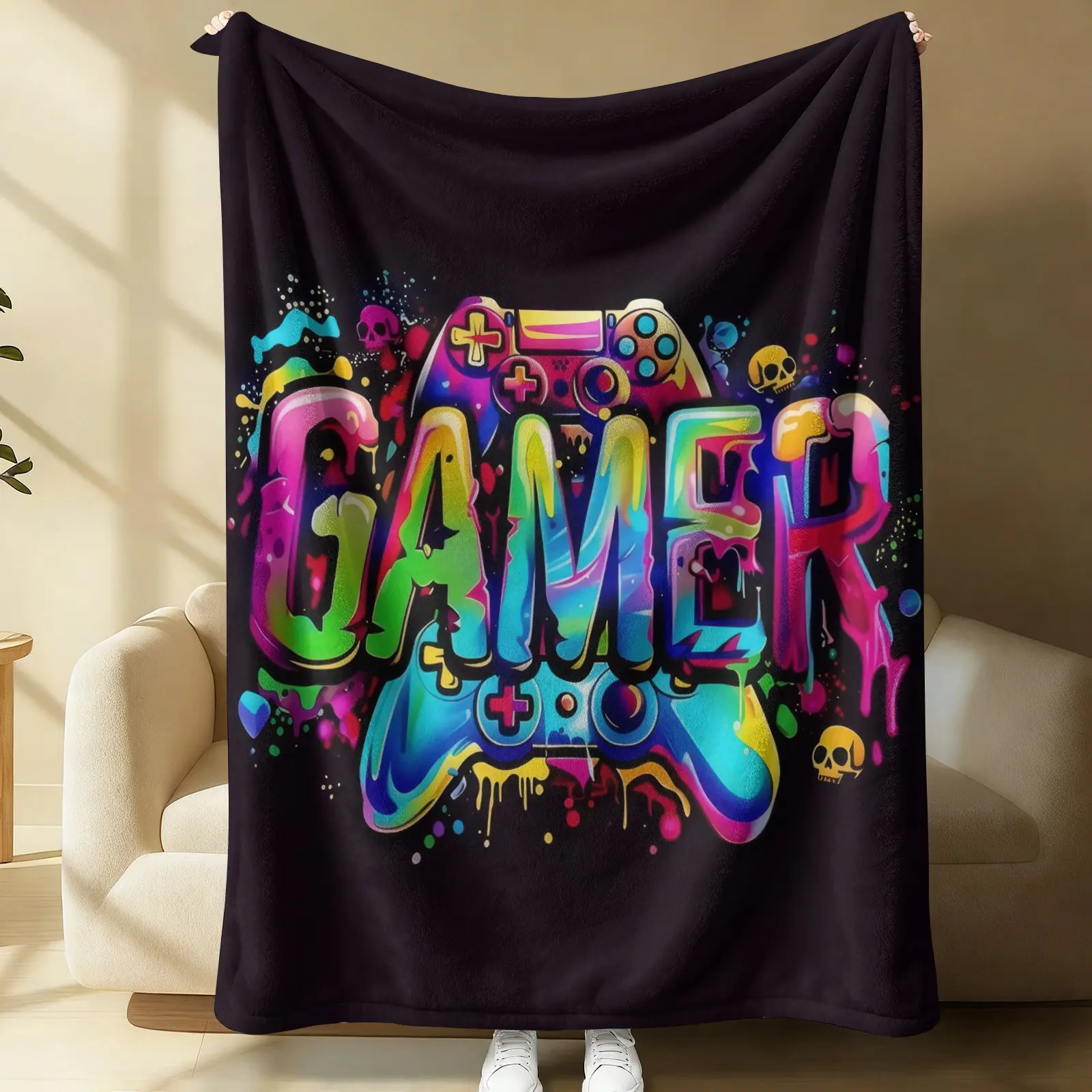 Graffiti Gamer Print Flannel Blanket, Soft Warm Throw Blanket, Gaming Room Decor Warm Blanket, Gift Blanket for Gamers Teen Boys Men, Cozy Lightweight Blanket for Gaming Sofa Bedroom Napping & Daily Use