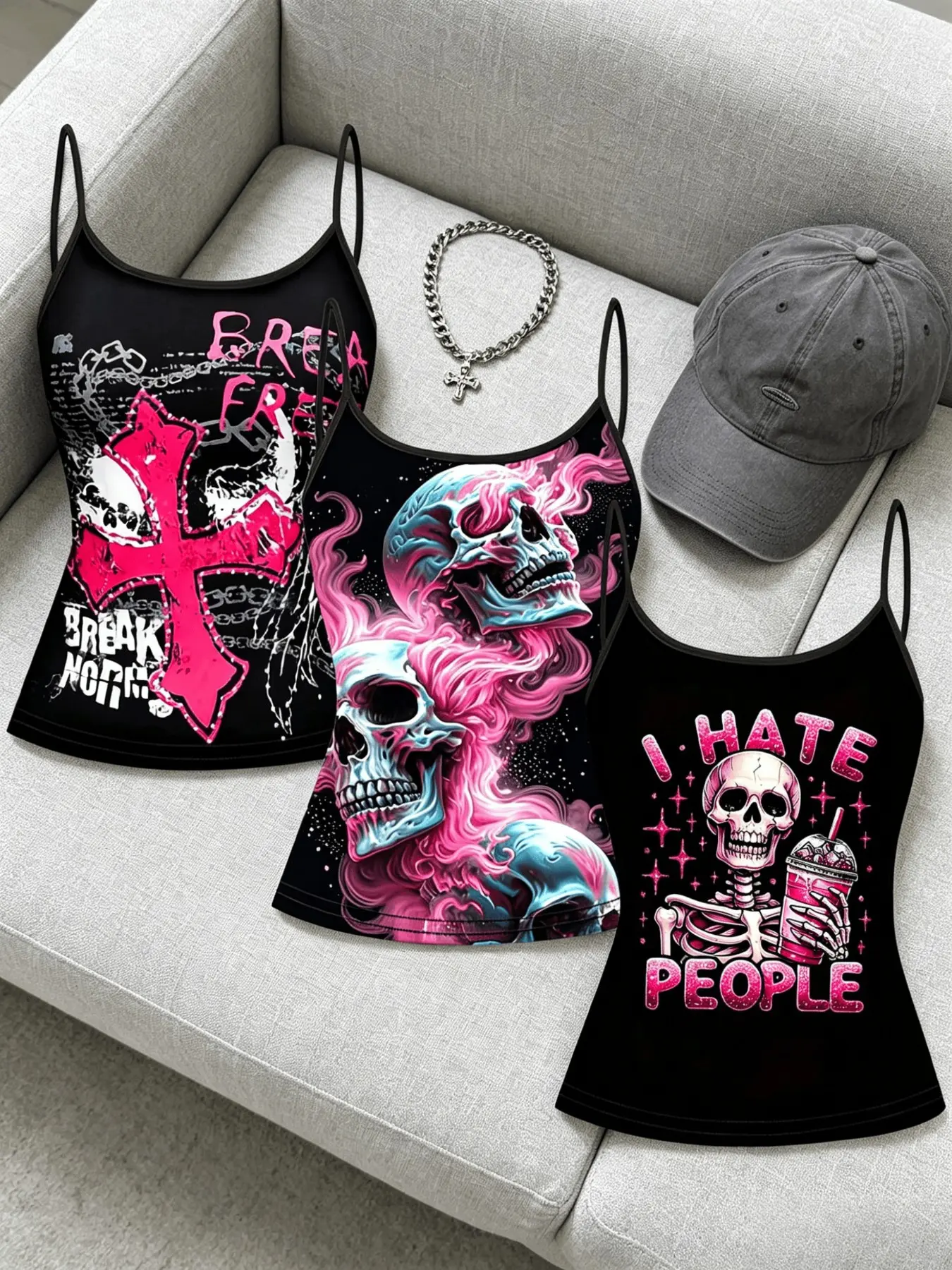 Plus Size Summer Punk Style Skull Cross Print Sleeveless, Slim Fit Spaghetti Straps Waist Cinch, Casual Three-Piece Set for Inner and Outer Wear Tops Underwear