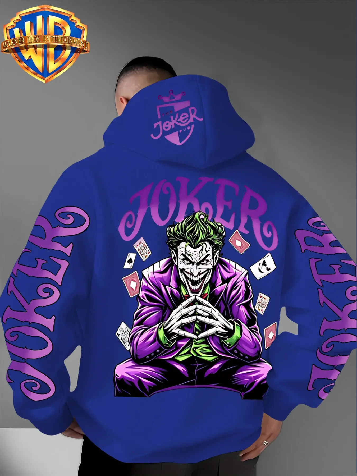 Trendy Poker Clown Print Hoodie, Authorized by Warner Bros., Men's Street Style Sweatshirt, Comfortable & Casual, Fall/winter Wear