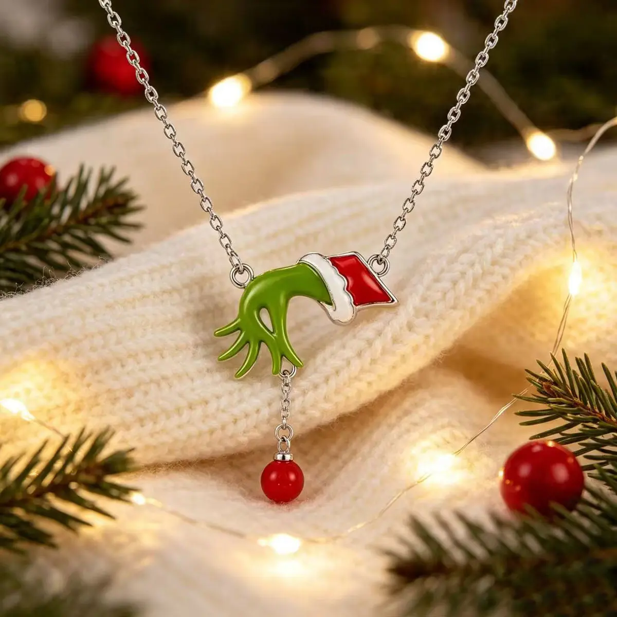 Grinch Hand Christmas Jewelry Set, Fun Santa Hat Hand Necklace & Dangle Earrings, Holiday Xmas Party Gift for Women
