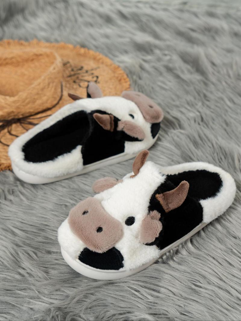 Women's New Fashion Trendy Cartoon Cow Head Indoor Outdoor Cotton Slippers, Fluffy Home Slippers, Winter Casual Warm Home Shoes, Anti-Slip Lightweight Unisex