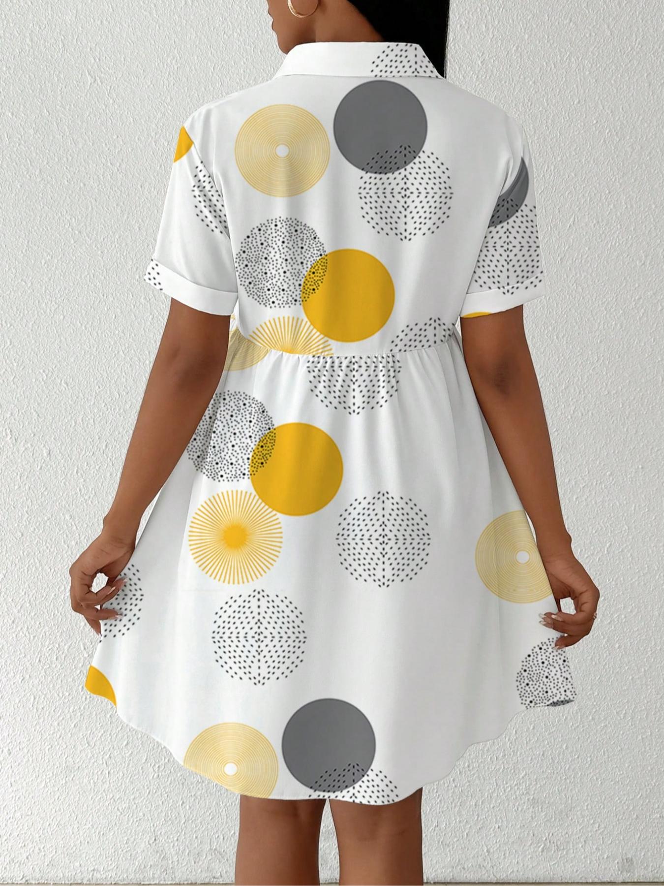 【Plus Size】 All Over Print Shirt Dress, Casual Short Sleeve Collared Dress for Summer, Women's Clothes for Daily Wear