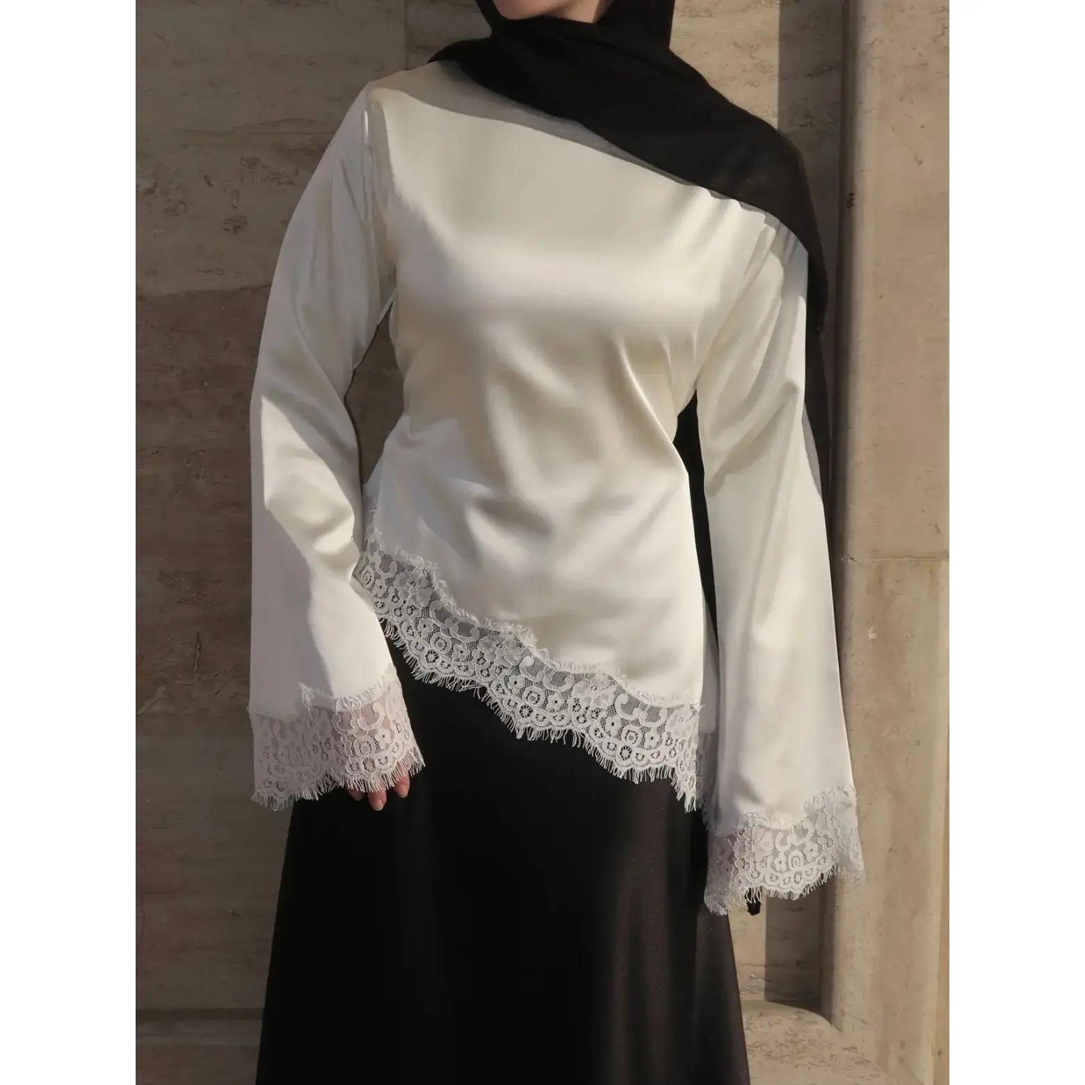 Lace trimmed satin lace up shirt