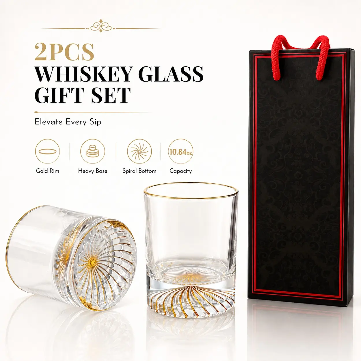 2 Whiskey Glasses, Gift Bag Packaged, 10.82oz Twisted Base Glass Party Cups, Unisex, Suitable for Various Beverages, Exquisitely Gift Boxed, Ideal for Father, Husband, or Boss.