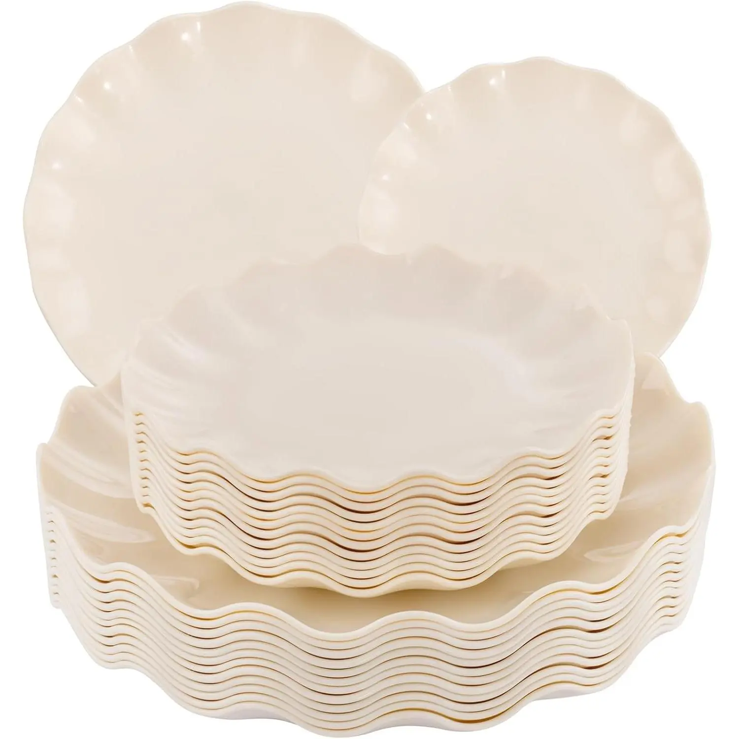 LIYH 24 Pcs Plastic Plates Reusable,Unbreakable Dinner Plates, Scalloped Plastic Plates, Dishwasher Safe,Ivory Plate Sets Perfect for Parties, Birthday, Picnics, BPA Free(12Guests)