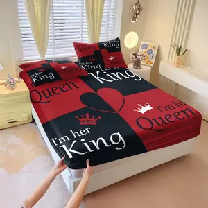 Romantic Matching King Queen Crown Text All Over Print Fitted Sheet Set 3Pcs, 1 Fitted Sheet & 2 Pillowcases Without Pillow Inserts, Breathable Wear-Resistant Soft Fabric, Machine Washable No Deformation, Couple Gift Bedding Set For Anniversary Home Use