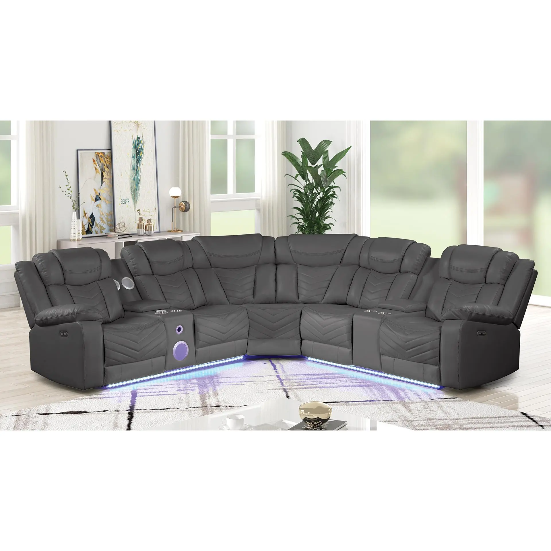Nokaa Modern Recliner Sectional Sofa 6-Seat Gray Faux upholstered Power Reclining Couch with USB-C Ports Bluetooth LED Control Panel Stainless Steel Cup Holders Solid Wood Frame for Living Room
