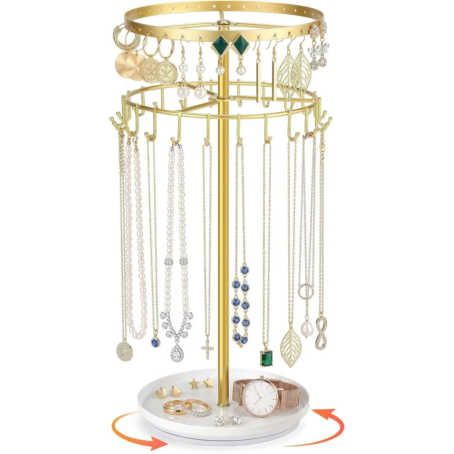 Necklace Holder Jewelry Organizer, 360° Rotating 3-Tier Jewelry Stand Display, 14.3" Holds 80 Pcs, Earring Holder, Bracelet Ring Holder, Jewelry Organizer Storage For Women Vanity Dresser