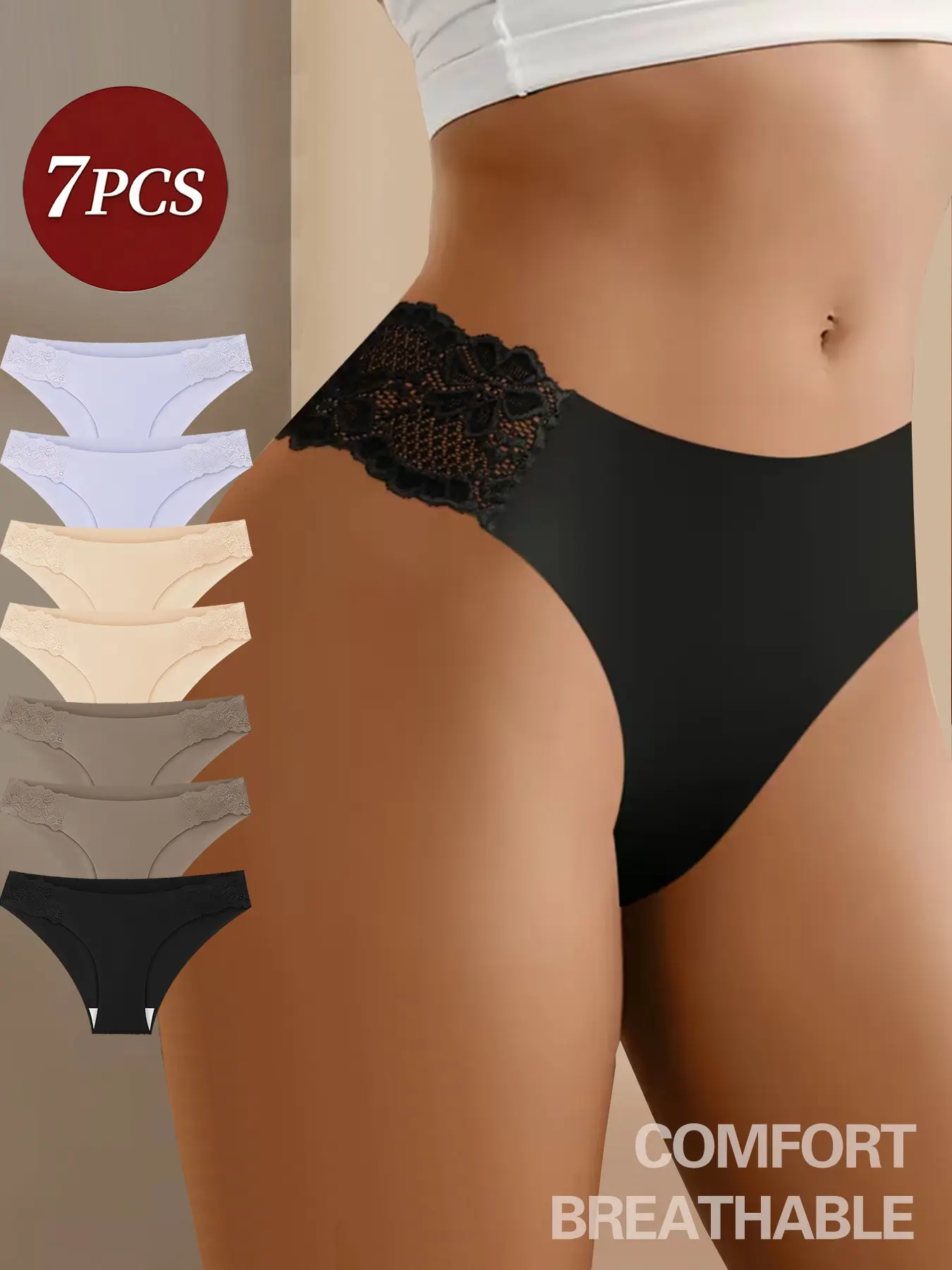 7pcs Soft Breathable Lightweight Lace Side Briefs, Elastic Stretchy Seamless Triangle Panties, Bikini Thong Underwear, Ideal for Dates and Daily Wear, Ultimate Comfort
