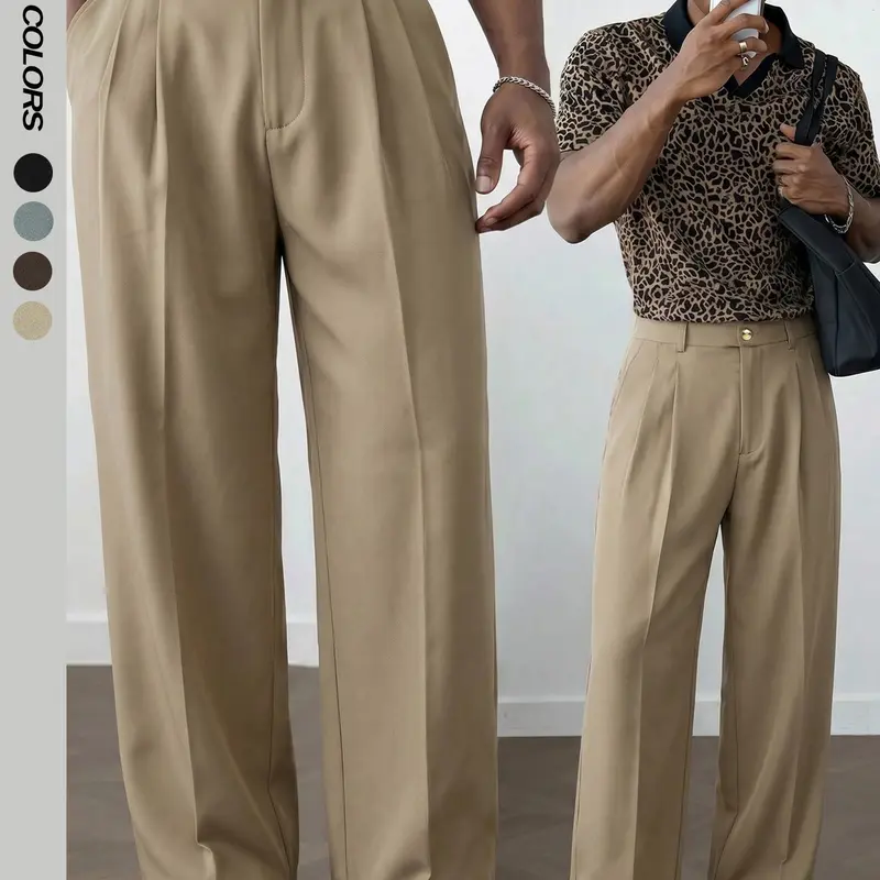 Men's Old Money Suit Pants, Classic Solid Color Elastic Waist Wide Straight Leg, Pleated Flat Front Business Trousers, Versatile for Work & Daily Formal Outfit, Spring Summer Fall