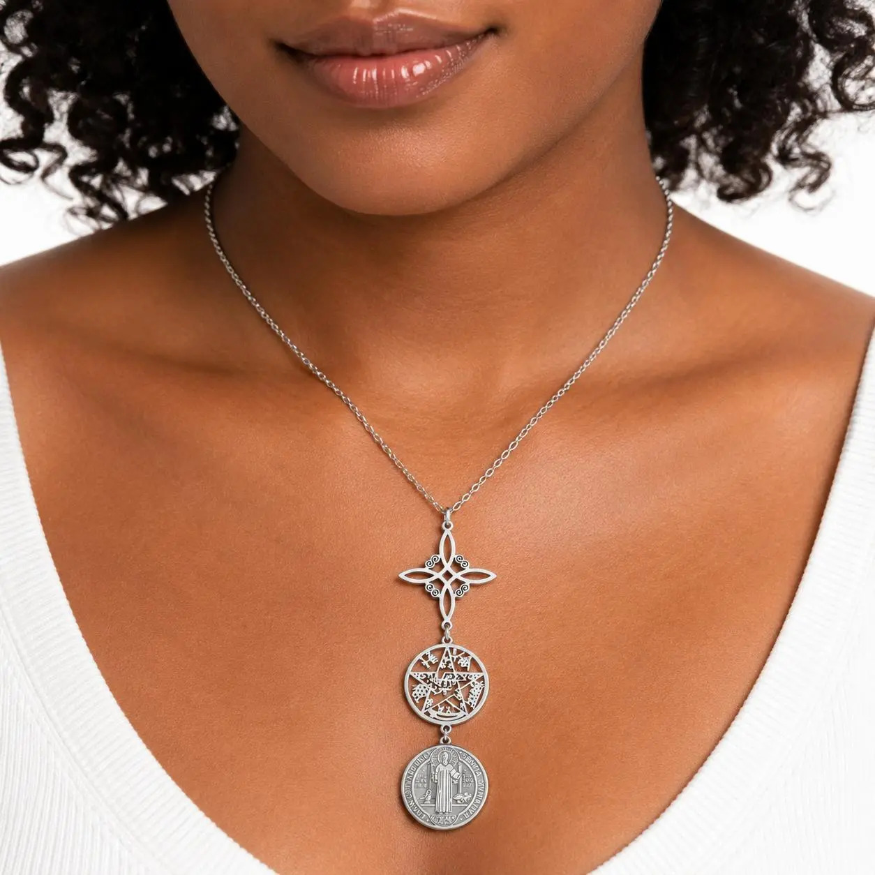 Women's Vintage Gothic Stainless Steel Vertical Drop Triple Pendant Decorative Fashion Accessory Chains Necklace - Long Layered, Celtic Knot, Pentagram Disc, St. Benedict Medal, Silver Anti-Tarnish Dainty Costume Jewelry for Fashion, Casual Wear, Decorati