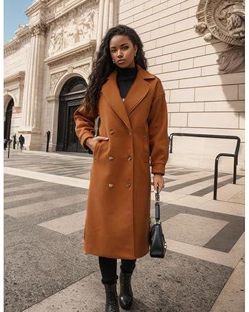 Women's Long Coat Notched Lapel Collar Double Breasted Pea Coat Winter Elegant Wool Blend Over Coats Jackets