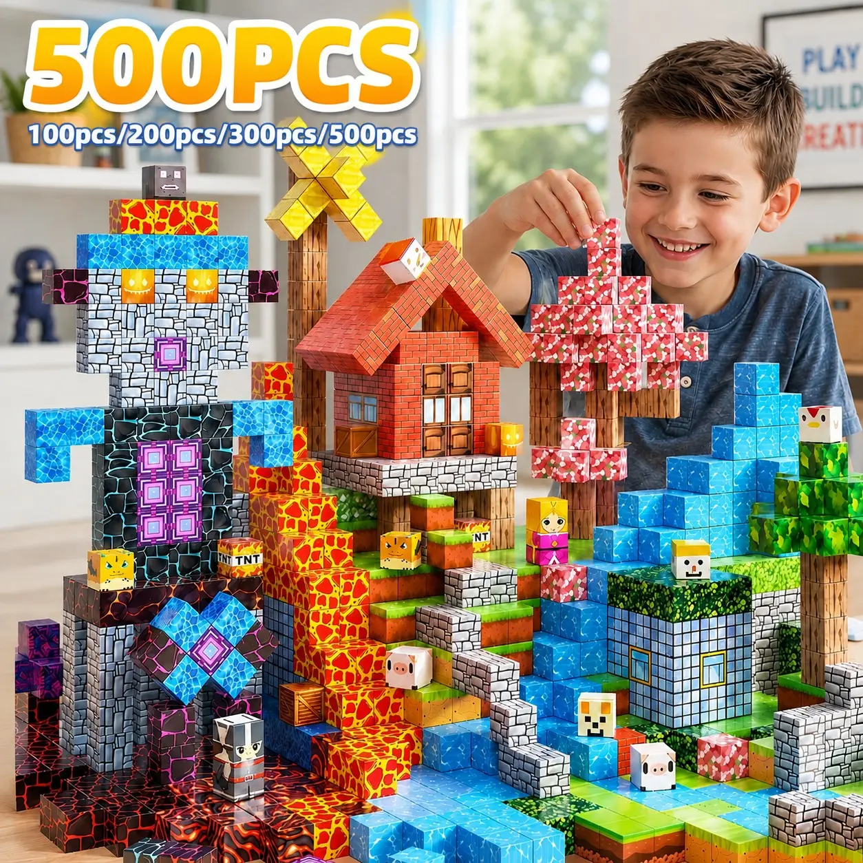 100/200/300/500pcs Magnetic Cube Building Blocks, Colorful Pixel Style, Stem Educational Toy, Unisex, No Battery Needed, Choking Hazard Warning