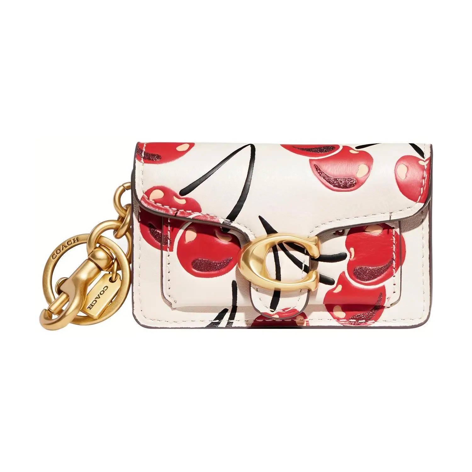 COACH Cherry Print C-Logo Flap Leather Handbag Accessory for Women, Mini White, Bag Charms For Handbags, Purse Chain Charm