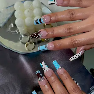 24pcs Set of Long, Square Acrylic Press On Fake Nails Summer-Themed Blue nails, Brown, and White Color-Block Polka Dot Design. Featuring a Creative "Millennial Retro" Geometric Pattern Accented with Silver Steel Beads for a Trendy Y2K nails Aesthetic