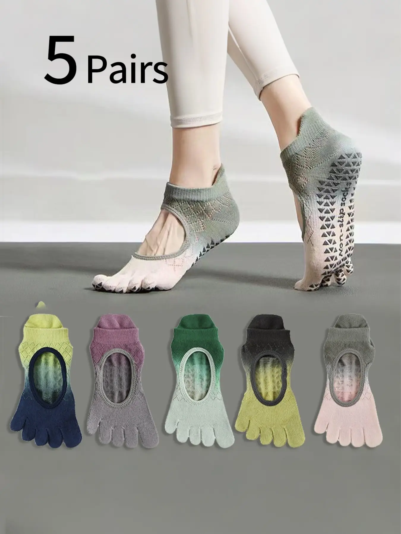 5 Pairs Women's Gradient Back Yoga Socks, Non-Slip Five Fingers Socks, Pilates Fitness Dance Socks, Breathable Ankle Socks