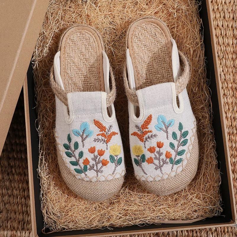 Embroidered Shoes, Mules, Slip-on Loafers, Round-toe Closed-front Half-slippers, Vintage Embroidered Cloth Shoes, Chinese-style Slippers, Women Shoes