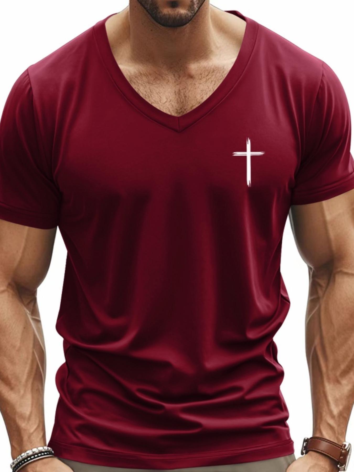 Men's Cross Print V Neck Tee, Regular Fit Casual Short Sleeve T-shirt for Summer, Men's Top for Daily Wear, Gym Tees, Gym Workout Shirt