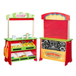 VEVOR Wooden Puppet Theater with Curtains, 2-in-1 Reversible Play Store, Double-Sided Grocery Store Playset with Chalkboard Cash Register, Kids Pretend Play Market Stand, Gift for Boys Girls