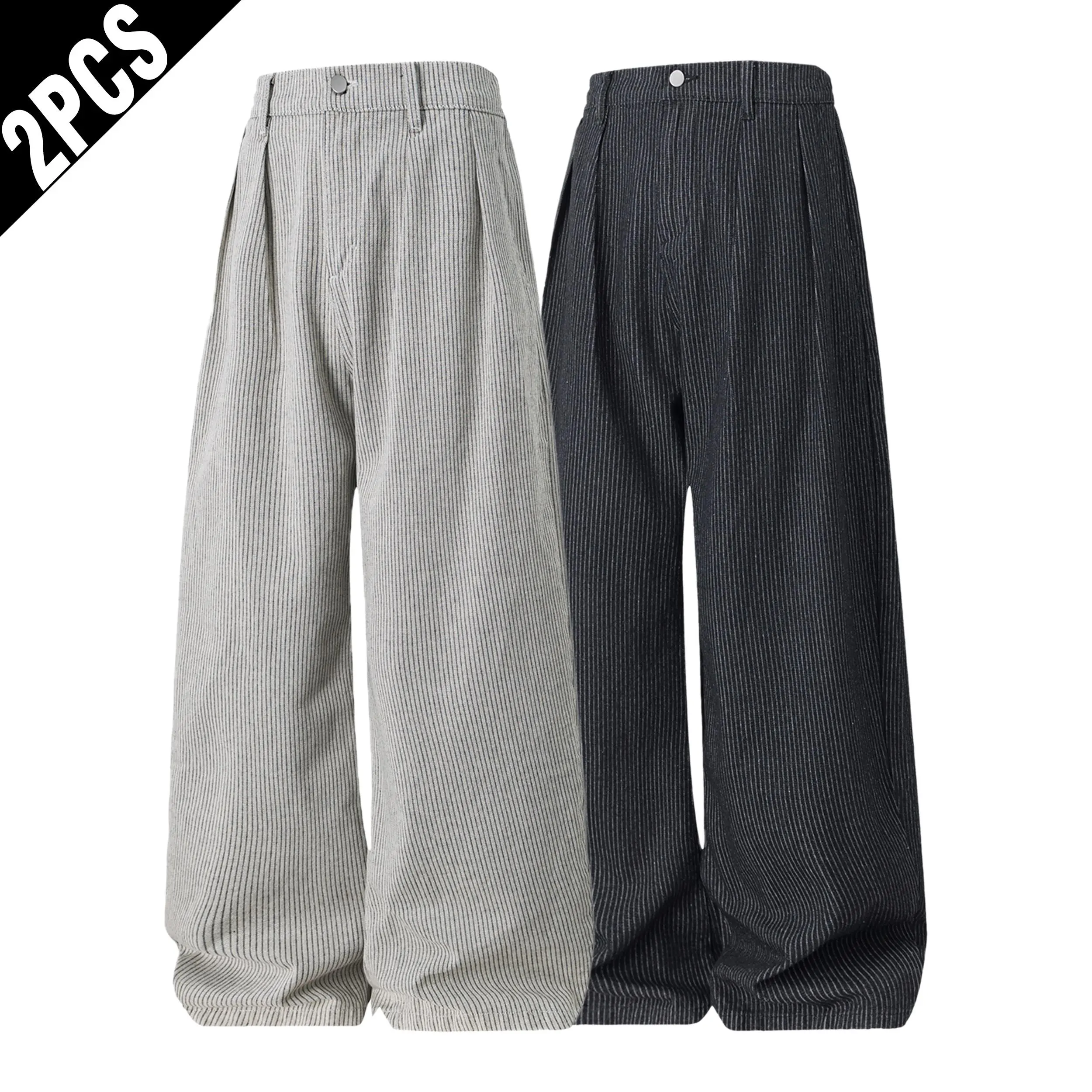 Men's Wide Leg Trousers, 2 Pack Vintage Casual Pinstripe Style with a Pleated Front and Wool Texture, Menswear, Pleated Legs, Wide Leg Cut