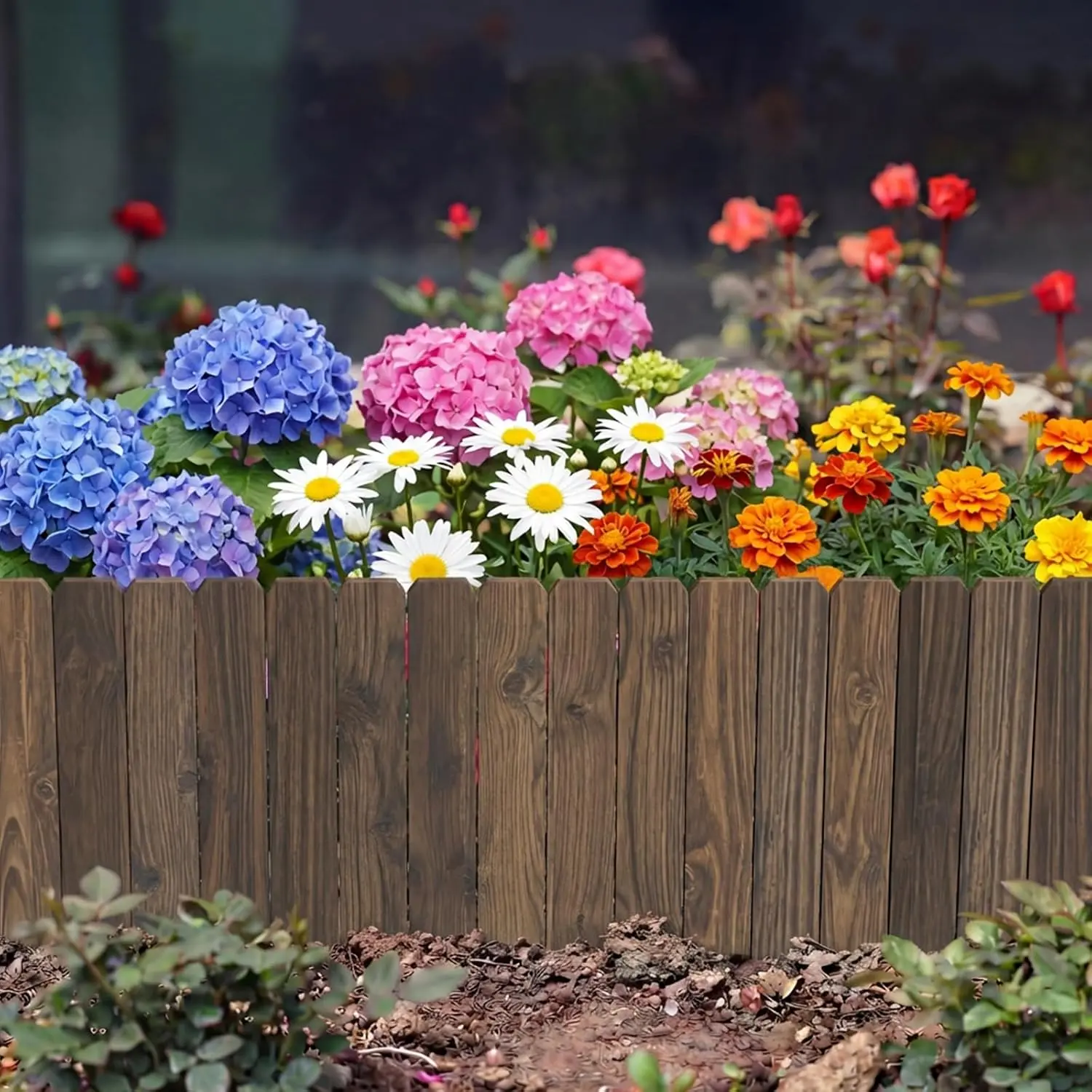 Garden Wooden Fence Edging, Burnt Wood Finish, Fir Wood,Outdoor Lawn Landscape Border (3, 11.8" Height)