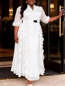 Plus Size Elegant Maxi Chiffon Dress V Neck Bubble Sleeves Belted Waist Buckle A Line Ruffle Hem Formal Wedding Guest Cocktail Party Evening Event Spring Summer Wear