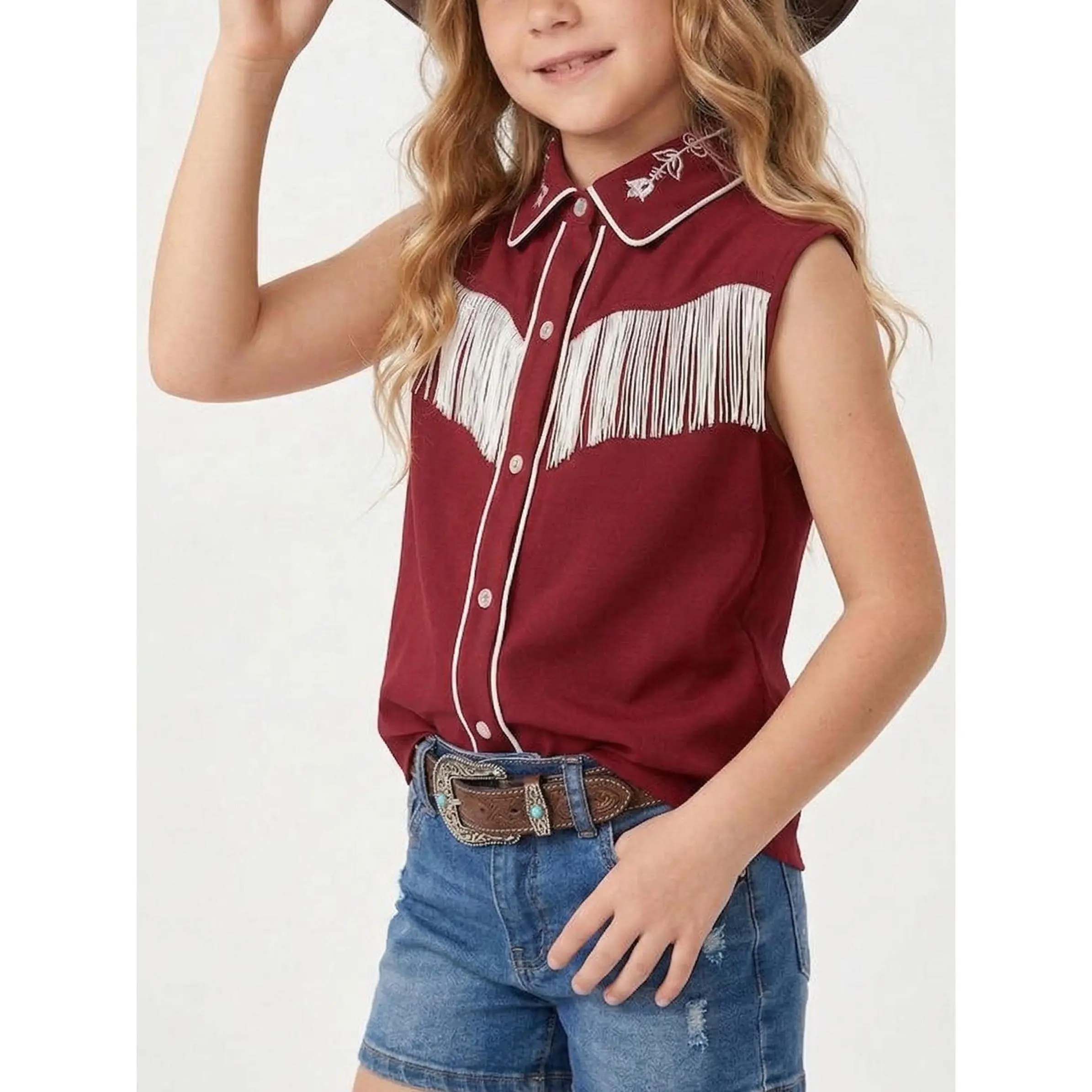 Girls' Western Cowboy Fringe Shirt - Sleeveless Button Down Blouse, Retro Embroidered Collar Kids Cowgirl Outfits Top GSB