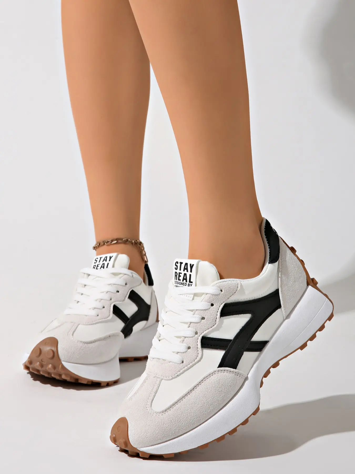 American Cross Stripe Waffle Casual Shoes, Small Size Platform Sole, Retro Sport Dad Shoes, PU Leather, Rubber Sole, All Seasons