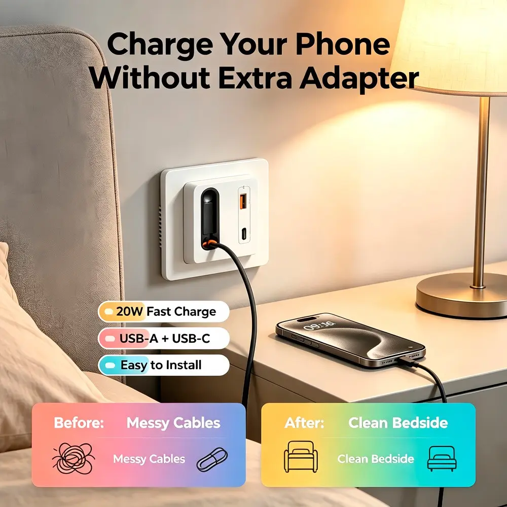 USB C Wall Socket with Fast PD Charging, Built in Type C & USB Charger, Modern Electrical Outlet, Home upgrade,CE UKCA  FCC ROHS Certified
