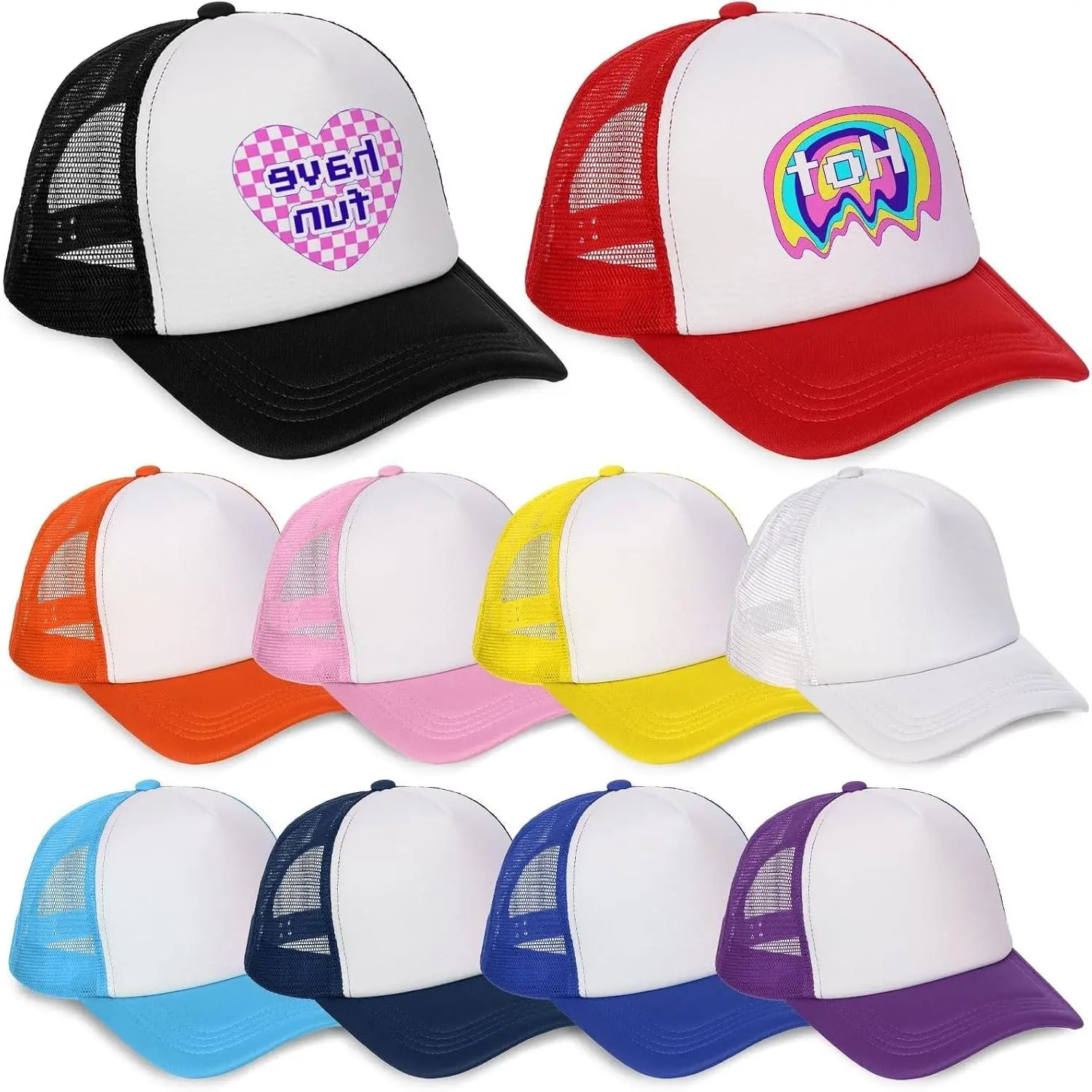 10 Pack Blank Trucker Hats, Sublimation Caps for Men Women Black Mesh Baseball Cap with Adjustable Snapback, Plain Polyester DIY Custom Hats for Party, CampGift