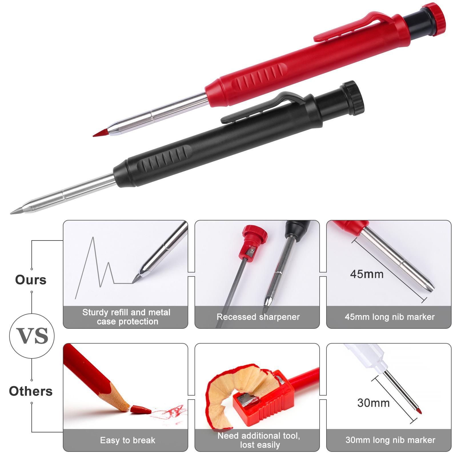 Mechanical Pencil Set, Mechanical Drawing Pencils, carpenter pencil sets, 2 Carpenter Pencils and 12 pen refills, Construction pencils for construction and woodworking, deep hole marking, durable construction tools, black and red with box
