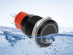 16MM Latching 12V Push Button Switch On Off,Waterproof with LED Light Power Button Switch for car，0.63" Mounting Hole with Wire Socket Plug Self-Locking(Ring Red LED/Black Shell