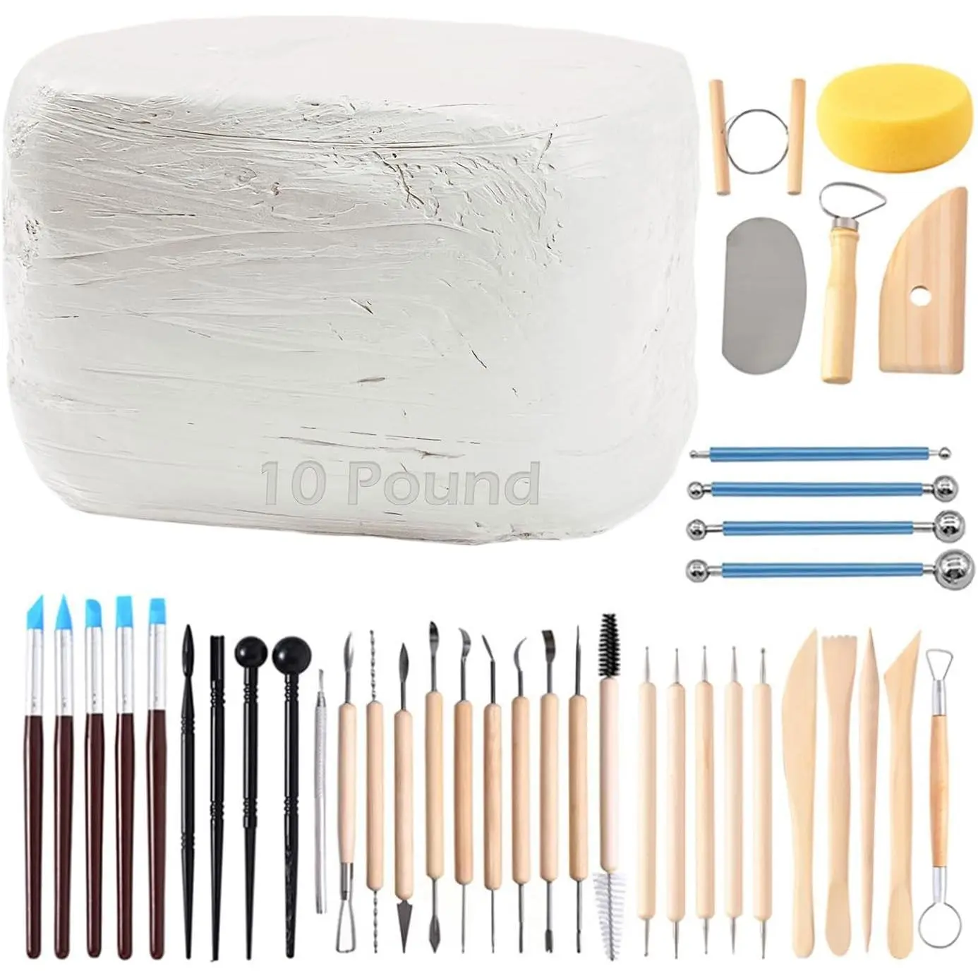 Natural Air-Dry Clay, Pottery Clay10LBs with 40 Pcs Pottery Tools Clay Sculpting Tool Set, All-Purpose Modeling Clay (White)