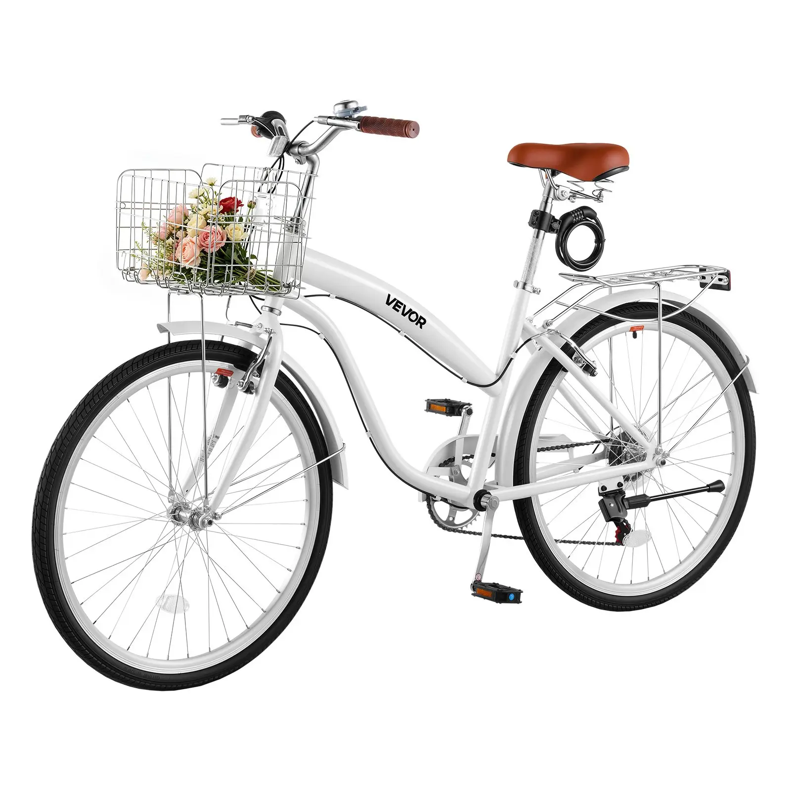 VEVOR Women Bike, 26 in Beach Cruiser Bike, 7-Speed Adult City Bicycle with Carbon Steel Frame, 330 lbs Capacity, Basket, Rear Rack Dual V-Brakes, White