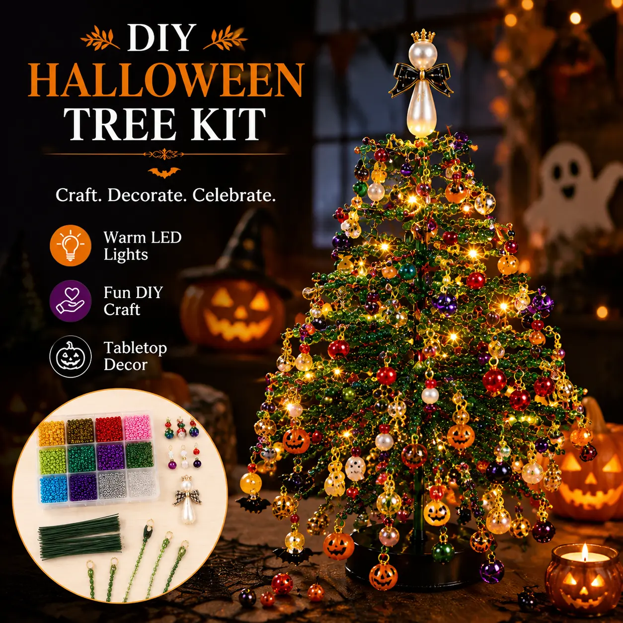 DIY Beaded Christmas Tree Kit[Assembly Required], Crystal Christmas Craft Set with Colorful Beads, Ornament Charms, Metal Tree Frame & Angel Topper, Handmade Holiday Decor, Warm Glow Tabletop Decoration, Creative Christmas Gift-YY2