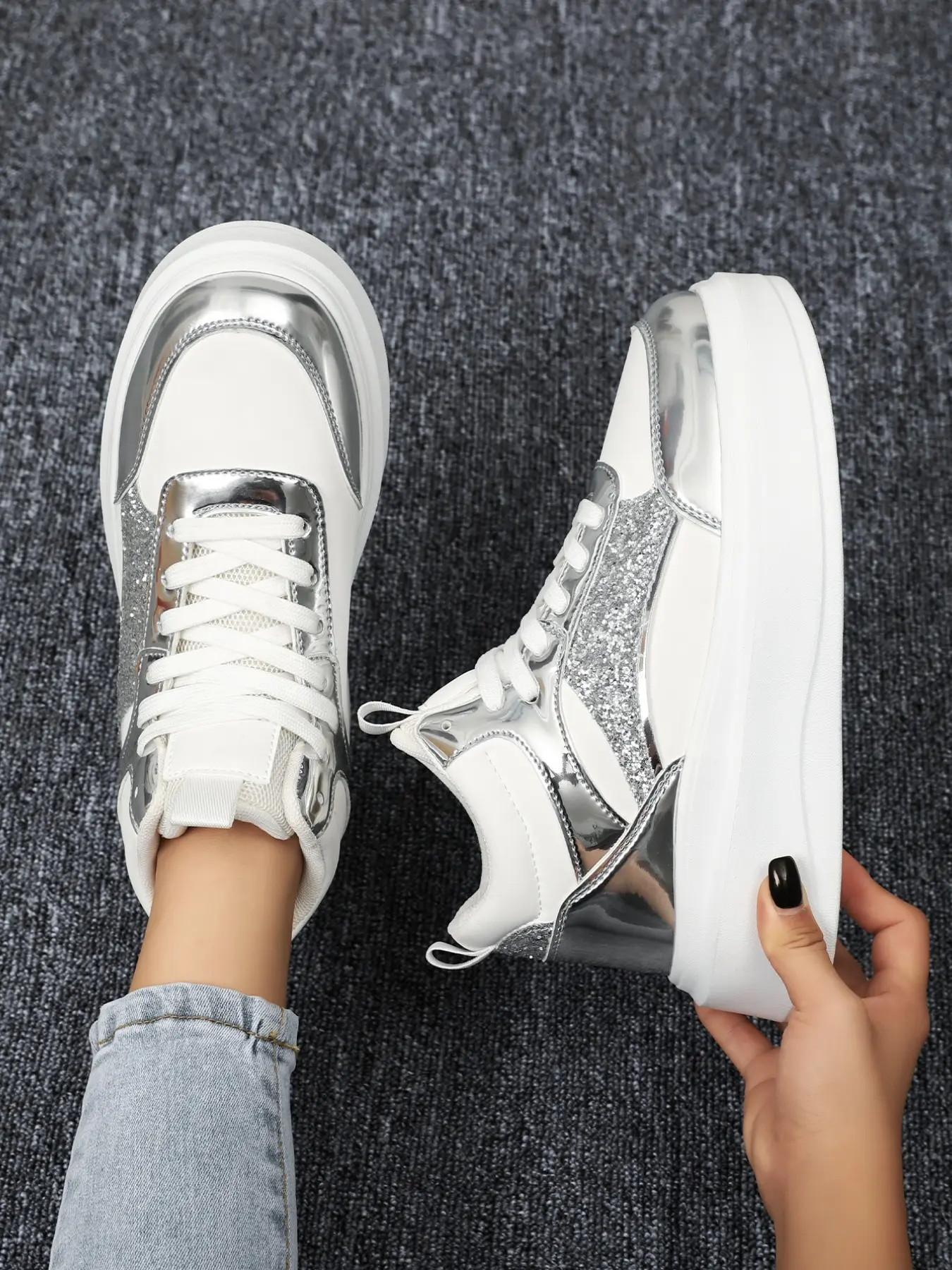 Women's Silver Color Glitter High Top Sparkle Platform Sneakers, Metallic Mirror Patchwork, Lace Up, Thick Sole, Fashion Skate Shoes