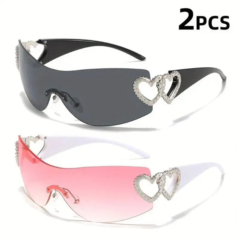 2 Pack Star Y2K Rimless Wrap Around Oversized Shield Sunglasses for Women, Bling Vintage Tortoiseshell Frame Eyewear for Streetwear Summer Vacation Outdoor Outfits